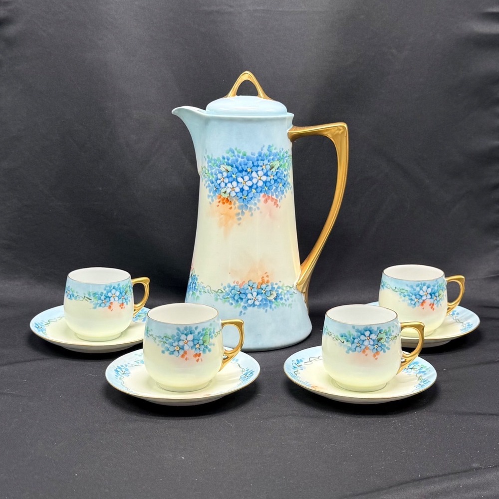 Vintage Porcelain Chocolate Pot Set Blue Floral Gold Gilt 4 Cups and Saucers